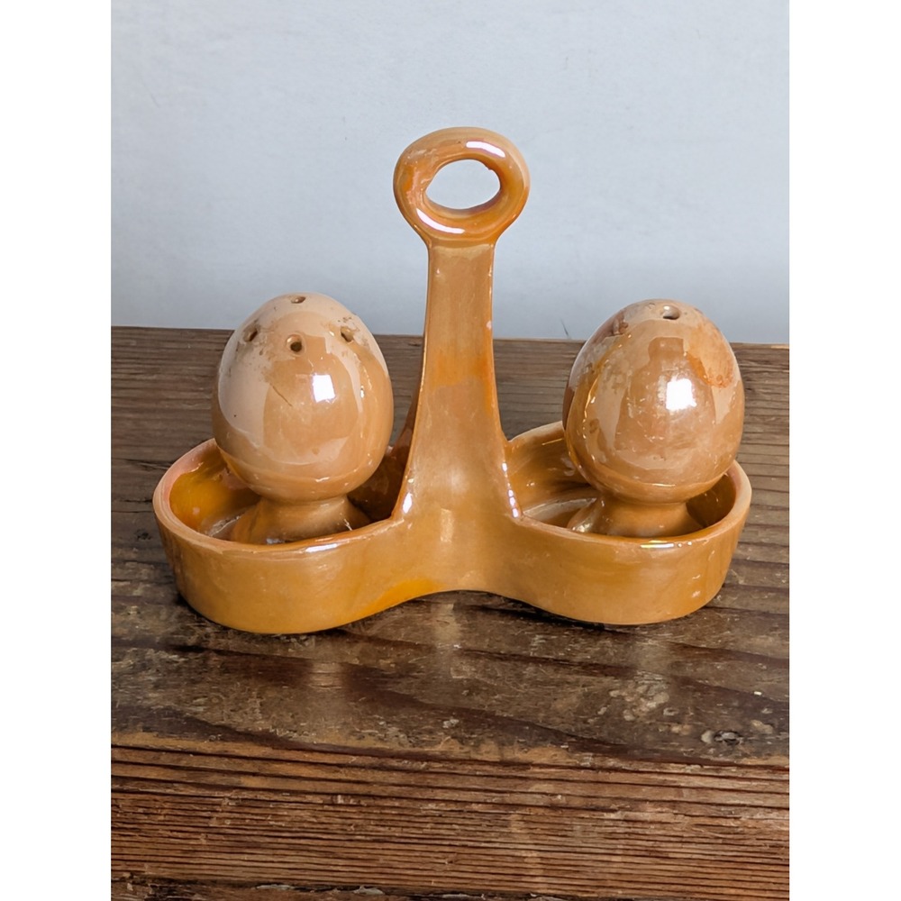 Vintage Japan Ceramic Salt & Pepper Shakers w/ Tray Caddy Peach Luster
